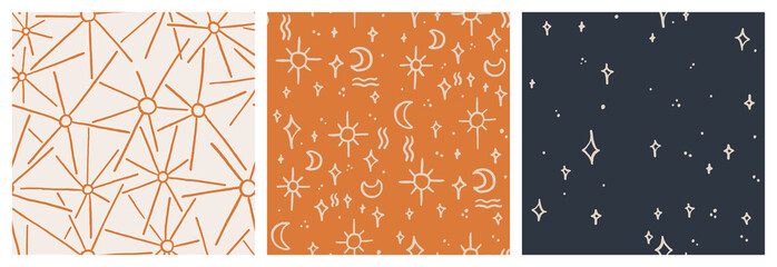 Celestial boho aesthetic moon, sun and star astronomy and astrology symbol seamless pattern set. Astral, horoscope vector background collection in terracotta, off-white and black neutral colors.