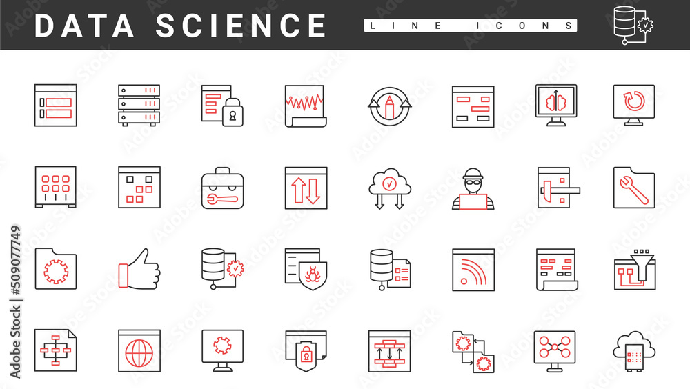 Poster Online data communication, network management of information systems, thin red and black line icons set vector illustration. Abstract software and hardware, privacy of access, tech optimization