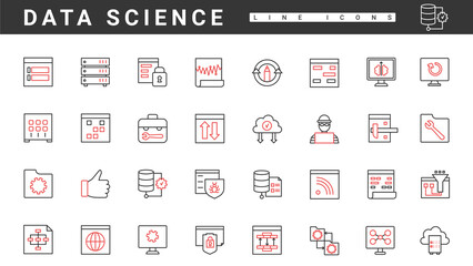 Online data communication, network management of information systems, thin red and black line icons set vector illustration. Abstract software and hardware, privacy of access, tech optimization © lembergvector