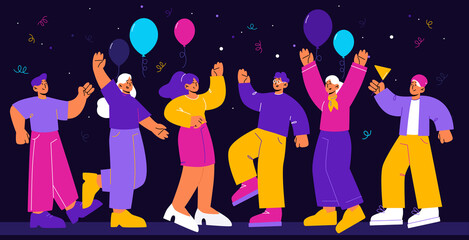 Happy people celebrate party. Business team corporate holiday, birthday. Group of cheerful men and women dance and rejoice on festive event with balloons and confetti Line art flat vector illustration