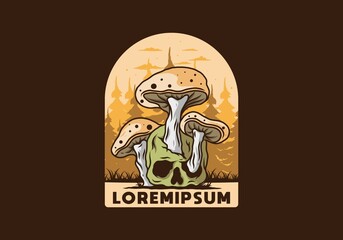 Mushroom growing on human skull illustration