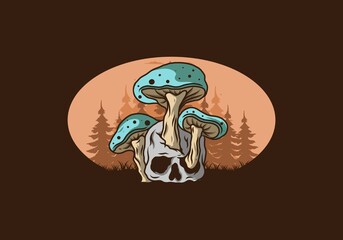 Mushroom growing on human skull illustration