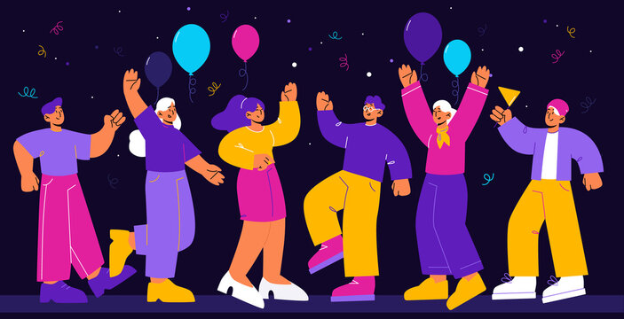 Happy people celebrate party. Business team corporate holiday, birthday. Group of cheerful men and women dance and rejoice on festive event with balloons and confetti Line art flat vector illustration