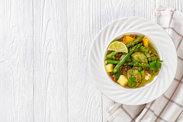 alkaline green soup in white bowl, top view