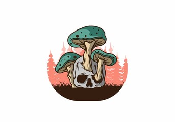 Mushroom growing on human skull illustration