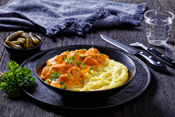nakkikastike, finnish sausage in sauce, top view