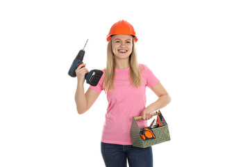 Concept of occupation, young woman builder isolated on white background