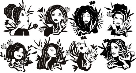 Black and white portraits fashionable womans with different hair style, flowers and leaves. Women collection ideal for postcards, scrapbooking, posters. Trending illustration. Vector.