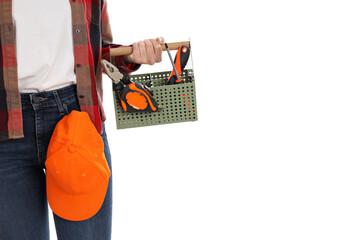 Concept of occupation, young woman with tools isolated on white background