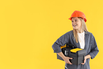 Concept of professions, young woman on yellow background