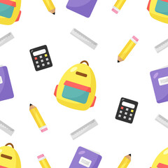 Seamless Pattern with School supplies. Vector illustration. For greeting card, posters, banners, the card, printing on the pack, printing on clothes, fabric, wallpaper.