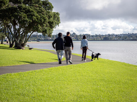 Mother, father, daughter and black dog on leash walking on river bank