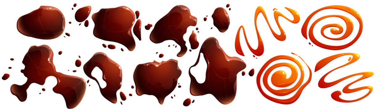 Spill soy or teriyaki hot sauces puddles and drippings. Isolated brown liquid drops top view on white background. Brown splatters, spilled asian condiment blobs, Cartoon vector illustration, set