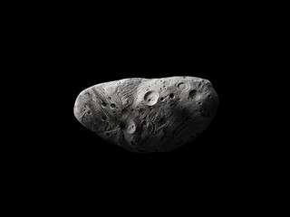 Asteroid isolated on a black background. Surface of the asteroid is covered with craters.