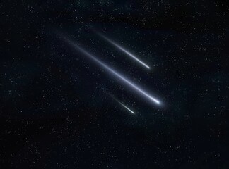 Meteor trails in the night sky, beautiful meteor shower. falling stars. Three meteorites burn up in...