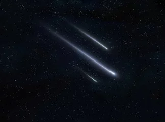 Foto op Canvas Meteor trails in the night sky, beautiful meteor shower. falling stars. Three meteorites burn up in the atmosphere. © Nazarii