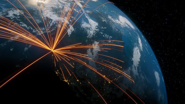 Earth in Space. Orange Lines connect Seattle, USA with Cities across the World. International Travel or Communication Concept.