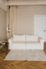 Fototapeta na wymiar A living room with a white fabric sofa and a coffee table. Minimalist Scandinavian interior design with lamp and carpet