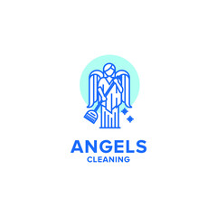 Angel Cleaning Cleaner Sweeping Fun Playful Logo Line Art