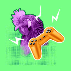 Chicken head gamepad. Banner picture Surrealism, art collage. modern look, magazine style, poster for advertising, mixed media. Inspiration, creativity, bright colors, copy space. © Aliaksandr Marko