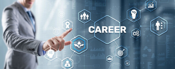 Career Inscription and people icons on virtual screen. Businessman pressing Career