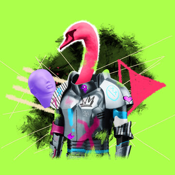 Flamingo, armor head. Banner picture Surrealism, art collage. modern look, magazine style, poster for advertising, mixed media. Inspiration, creativity, bright colors, copy space.