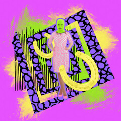 Girl in a helmet, party, summer mood. Banner picture Surrealism, art collage. modern look, magazine style, poster for advertising. Inspiration, creativity, copy space.