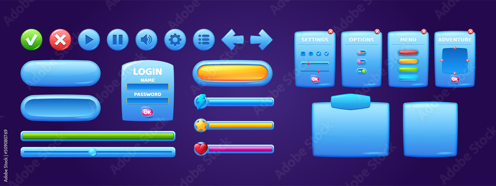 Poster game menu interface windows, cartoon options, settings, adventure plates with ui buttons, progress b