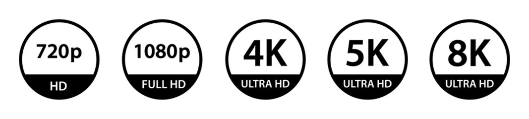 Video Resolution Icon. Screen monitor resolution icon. 720, 1080, 4k, 5k, 8k, Hd, full hd, ultra hd icon, vector illustration