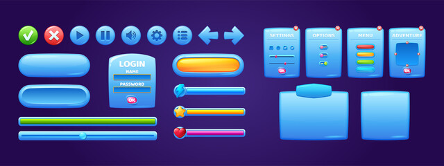 Game menu interface windows, cartoon options, settings, adventure plates with ui buttons, progress bars and gui elements. Blue glossy user panels with sliders, vector boards design templates set © klyaksun
