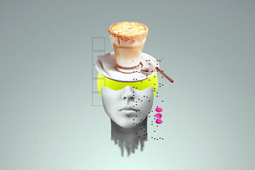 Morning coffee, cup of coffee, coffee break. Art collage, surrealism, magazine style, advertising...