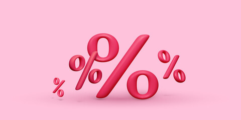 Percent 3d icons. Discount banner for promotion template. Group of percentage signs on pink background