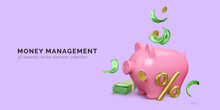 Pink piggy bank with percent sign and falling gold coins and green dollar bills. Money management concept