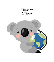 Cute Koala with globe. Cartoon style. Vector illustration. For card, posters, banners, books, printing on the pack, printing on clothes, fabric, wallpaper, textile or dishes.