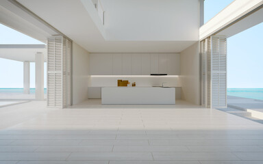 White empty living room with sea view background.3d rendering