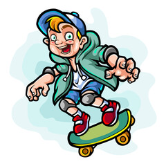 Cartoon little boy playing skateboard on white background isolation