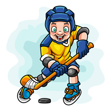 Cartoon little boy in safety costume playing hockey. Vector illustration