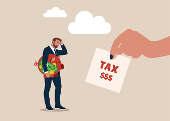 Entrepreneur holding saving piggybank looking at tax bills. Tax burden or debt to pay for income tax, financial charge and duty to pay for government, accounting or bills, wealth management.