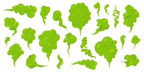 Bad smeeling clouds set. Green fart toxic smoke. Cartoon stinky old nasty odor fumes poison gas. Dirt aroma stench. Vector concept isolated on white background