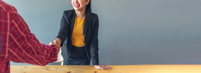 Banner Trust honesty business customer handshake together promise partner. Panorama Businessman teamwork diversity solidarity team Partner hands together. Team meeting shaking hands with copy space