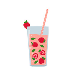Strawberry lemonade in glass with straw. Fresh strawberry drink for healthy nutrition. Refreshing summer drink with berries. Isolated vector illustration. 