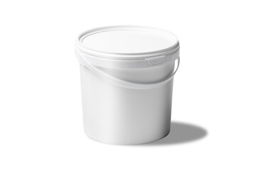 Blank White plastic bucket with a white lid. Product packaging For food, food or paint, adhesives, sealants, primer, putty. Mockup template for your design.3d rendering.