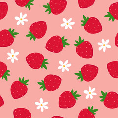 Seamless pattern of strawberries and flowers. Colorful fruit on pink background.