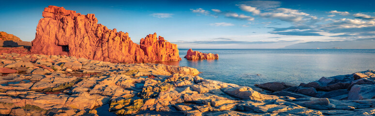 Fototapeta na wymiar Poster of Red Rocks Beach, Arbatax. Amazing summer seascape of Mediterranean sea. Wonderful outdoor scene of Sardinia island, Italy Europe. Beauty of nature concept background.