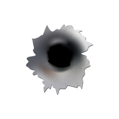 Bullet holes of gun or pistol. Shoot in metal single and double hole. Damage and cracks on surface. Vector isolated on background