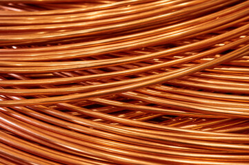 Shiny winded copper cable in warehouse of production plant - obrazy, fototapety, plakaty