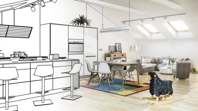 Ger&auml;umige Dachwohnung im Loft- Ausbau - 3D Visualisierung