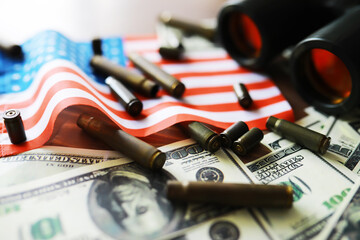 Fototapeta premium The concept of support in a military conflict. Solidarity. Politics. The flags are on the table.