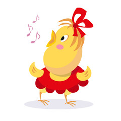 Cute little chick girl in dress sings song. Vector color illustration. Picture for design of cards, posters, games. 