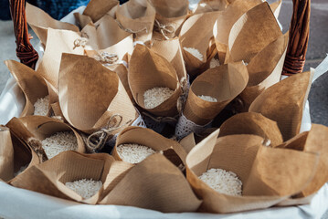 Cones filled with rice for wedding. Wedding and celebration concept.